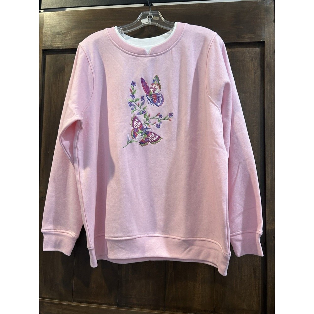 E168 Pink Grandma Sweater Size L Fall Crewneck Sweatshirt Butterfliesf